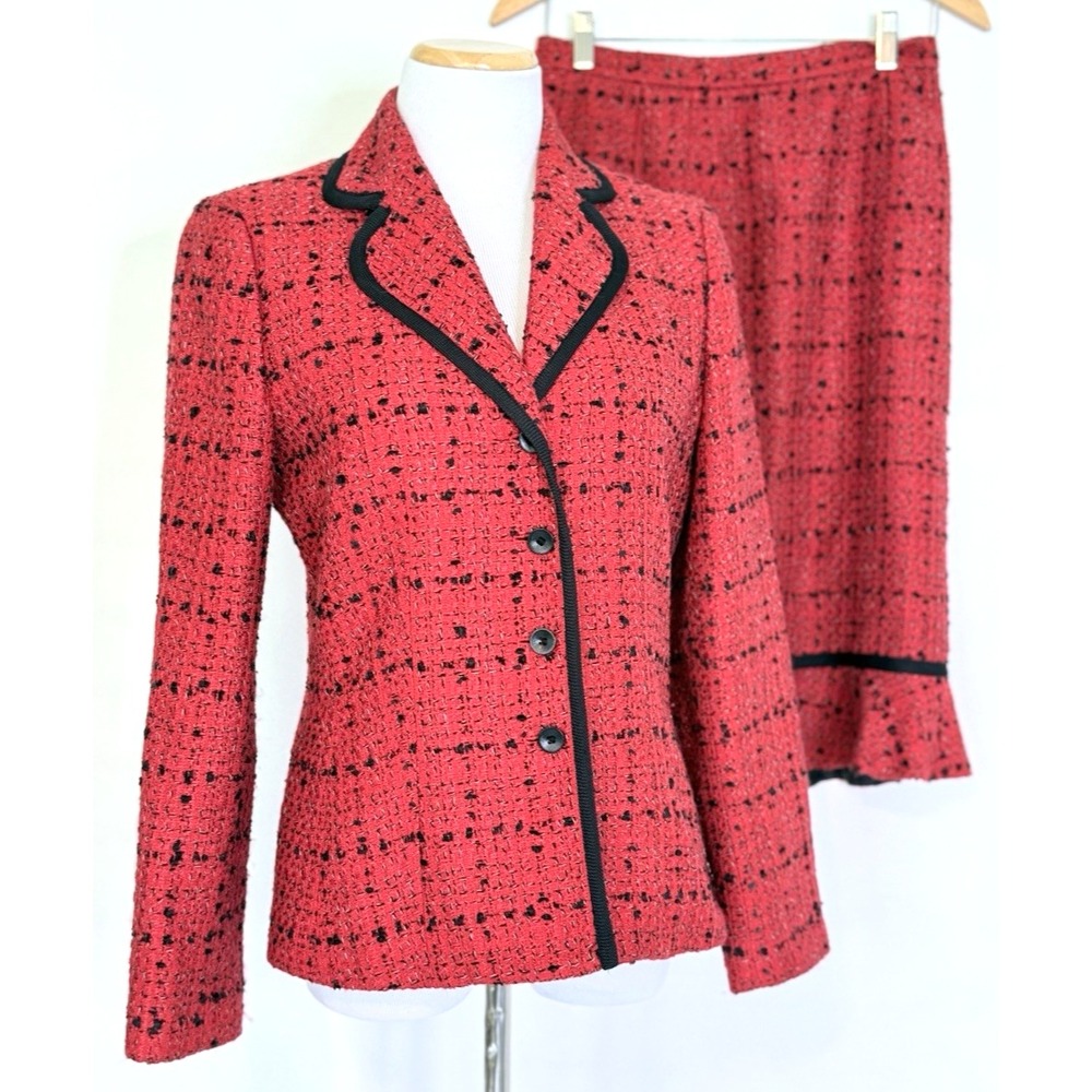 Le Suit Womens 6 Skirt Suit Tweed Blazer Red Mermaid Hem 2pc Set 80s 90s Classic